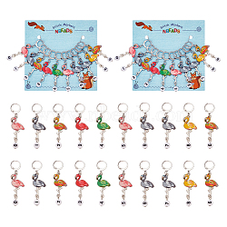 Alloy Enamel Pendant Locking Stitch Markers, 304 Stainless Steel Stitch Marker, Flamingo & Acrylic Flat Round Number 0~9, Mixed Color, 5.7cm, 10pcs/set(HJEW-AB00142)