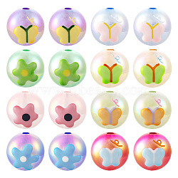 16Pcs 8 Styles UV Plating Rainbow Iridescent Acrylic Beads, Hand Drawn Beads, with Enamel, Round with Butterfly & Flower, Mixed Color, 17x16x15.5mm, Hole: 2.8mm, 2pcs/style(PACR-TA0001-07)