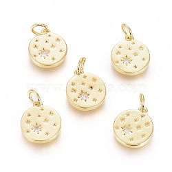 Brass Micro Pave Cubic Zirconia Pendants, with Jump Ring Long-Lasting Plated, Flat Round with Star, Clear, Real 18K Gold Plated, 12.5x11x1.5mm, Hole: 3.5mm(ZIRC-G166-16G)