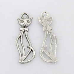 Tibetan Style Alloy Kitten Pendants, Hollow, Cat Shape, Antique Silver, Lead Free and Cadmium Free, 34x12x2mm, Hole: 3mm(LF10383Y)
