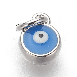 Brass Enamel Charms, Lead Free & Cadmium Free, Flat Round with Evil Eye, Deep Sky Blue, Platinum, 8x6x3mm, Hole: 3mm(ZIRC-E152-28P-RS)