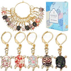 Tortoise Locking Stitch Markers, Alloy Enamel Charm Stitch Marker with 304 Stainless Steel Hoop, Mixed Color, 4cm, 5 colors, 4pcs/color, 20pcs/box(HJEW-SC0001-39)