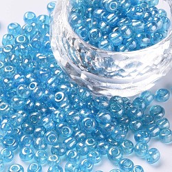 Glass Seed Beads, Trans. Colours Lustered, Round, Light Cyan, 4mm, Hole: 1.5mm, about 4500pcs/pound(SEED-A006-4mm-103)
