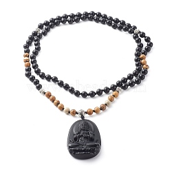 Natural Obsidian Large Cameo Buddha Pendant Necklaces, with Natural Wood & Natural Picture Jasper & Tibetan Style Alloy Beads, Black, 42.52 inch(108cm)(NJEW-JN03645)