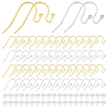 60Pcs 2 Colors 304 Stainless Steel Earring Hooks, Shepherd's Hook Ear Wire, with 60Pcs Plastic Ear Nuts, Golden & Stainless Steel Color, 21x12x2mm, 21 Gauge, Pin: 0.7mm, 30Pcs/color