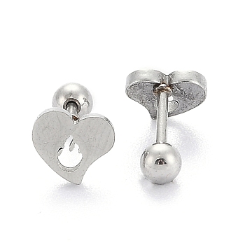 201 Stainless Steel Barbell Cartilage Earrings, Screw Back Earrings, with 304 Stainless Steel Pins, Heart, Stainless Steel Color, 7x8x2mm, Pin: 1mm