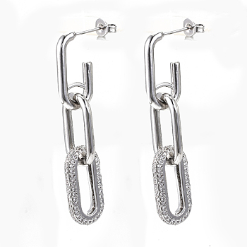 Brass Micro Pave Clear Cubic Zirconia Dangle Stud Earrings, with Ear Nuts, Nickel Free, Cable Chain, Real Platinum Plated, 48mm, Pin: 0.7mm