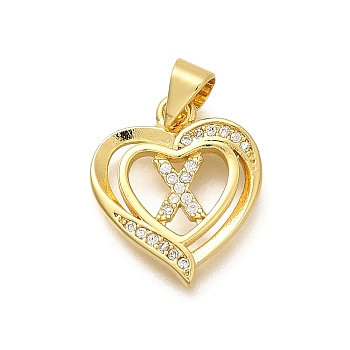 Rack Plating Brass Micro Pave Cubic Zirconia Pendants, Long-Lasting Plated, Lead Free & Cadmium Free,Real 18K Gold Plated, Heart with Letter Charms, Letter X, 17.5x15x2.5mm, Hole: 5x3mm