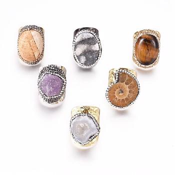 Natural Gemstone Cuff Finger Rings, with Polymer Clay Rhinestone and Brass Findings, Nuggets, Size 8, 18mm