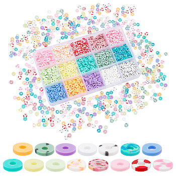 Elite 1800Pcs 15 Style Handmade Polymer Clay Beads, for DIY Jewelry Crafts Supplies, Heishi Beads, Disc, Mixed Color, 6x0.5~1mm, Hole: 1.8~2mm, 120pcs/style