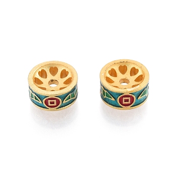 Alloy Enamel Beads, Matte Gold Color, Column with Copper Coin & Bat, Dark Cyan, 10x5mm, Hole: 1.8mm