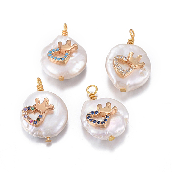 Natural Cultured Freshwater Pearl Pendants, with Brass Cubic Zirconia Findings, Nuggets with Heart and Crown, Golden, Mixed Color, 17~26x11~16x5~11mm, Hole: 1.6~2mm