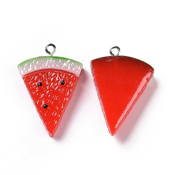 Opaque Resin Fruit Pendants, Triangle Watermelon Charm with Platinum Tone Iron Loops, Red, 32.5x23x6mm, Hole: 1.8mm