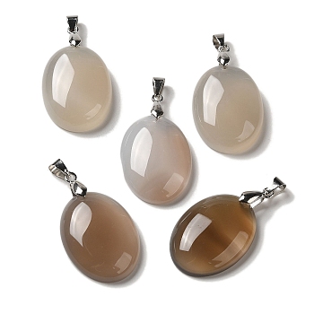 Natural Grey Agate Pendants, Oval Charms with Rack Plating Platinum Plated Brass Snap on Bails, 30x21.5~22x6~6.5mm, Hole: 6x4mm
