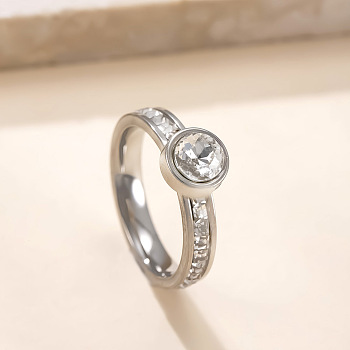 304 Stainless Steel & Rhinestone Finger Rings, Flat Round, Stainless Steel Color, Crystal, US Size 7(17.3mm)
