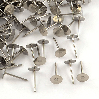 316 Surgical Stainless Steel Flat Round Blank Peg Stud Earring Settings, Stainless Steel Color, Tray: 8mm, 10x8mm, Pin: 0.8mm