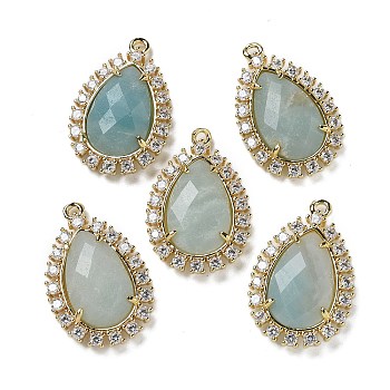 Natural Flower Amazonite Faceted Teardrop Pendants, Rack Plating Brass Micro Pave Clear Cubic Zirconia Drop Charms, Golden, 25x16.5x5.5mm, Hole: 1.4mm