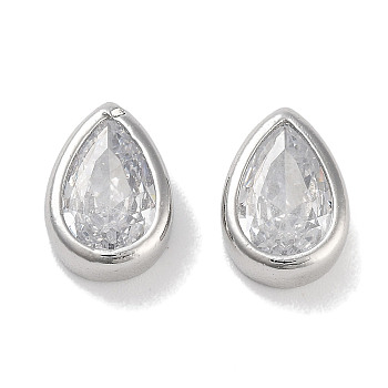 Brass Cubic Zirconia Beads, Teardrop, Platinum, Clear, 11x8x4mm, Hole: 2.5x1.2mm