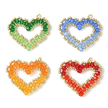 4Pcs 4 Color Brass with Glass Pendants, Heart Charm, Mixed Color, 27.5x32x4mm, Hole: 3.4mm, 1Pc/color