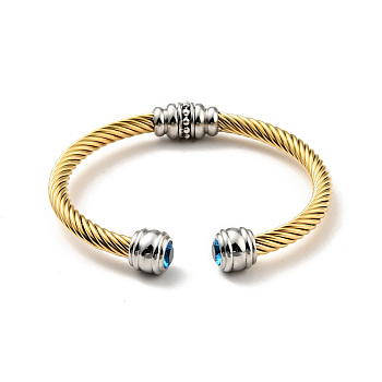 Rhinstone Open Cuff Bangle, Golden 304 Stainless Steel Jewelry for Women, Blue Zircon, Inner Diameter: 2-1/4 inch(5.65cm)