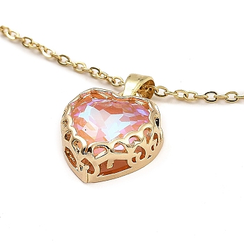 Heart Glass Pendant Necklaces, with Light Gold Brass Cable Chains, Pink, 15.94 inch(40.5cm)