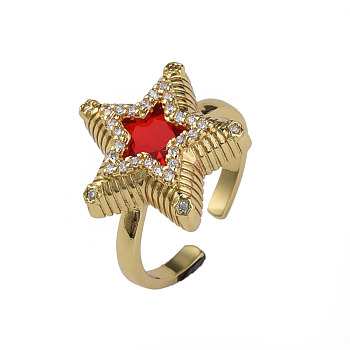 Cubic Zirconia Star Open Cuff Ring, Real 18K Gold Plated Brass Jewelry for Women, Nickel Free, Red, US Size 8 1/4(18.3mm)