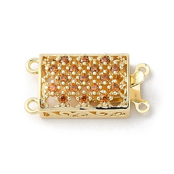 Brass Micro Pave Cubic Zirconia Box Clasps, 2-Strand, 4-Hole, Real 18K Gold Plated, Rectangle, Chocolate, 10x19.5x5mm, Hole: 1mm and 1.2mm