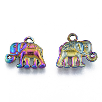 Ion Plating(IP) 201 Stainless Steel Pendants, Elephant, Rainbow Color, 13.5x15.5x3mm, Hole: 1.6mm