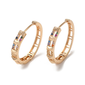 Brass Micro Pave Colorful Cubic Zirconia Hoop Earrings, Hollow Rectangle, Light Gold, 25.5x27x4mm