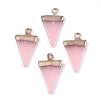 Electroplate Resin Pendants, Imitation Rose Quartz, with Top Light Gold Plated and Iron Loops, Triangle, Pink, 22.5x13x3mm, Hole: 1.8mm