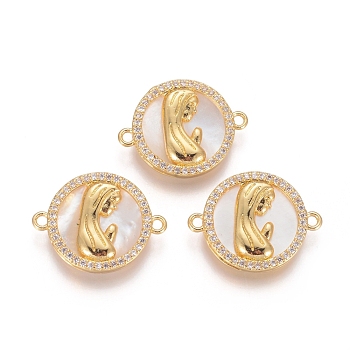 Brass Micro Pave Cubic Zirconia Links connectors, with Shell, Flat Round with Virgin Mary, Clear, Golden, 15x20x3mm, Hole: 1.4mm
