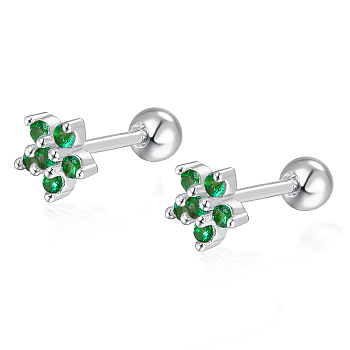 S925 Sterling Silver Flower Stud Earrings, with Cubic Zirconia, Silver, Silver, 5x3mm