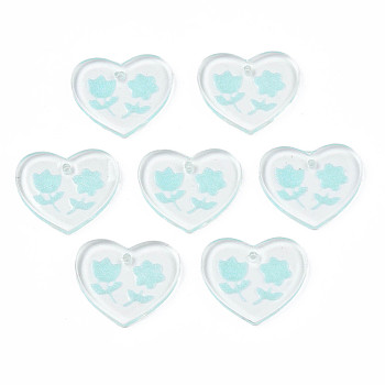 Transparent Resin Pendants, with Glitter Powder, Heart with Flower, Turquoise, 17x20x2mm, Hole: 1.4mm