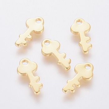 201 Stainless Steel Charms, Key, Real 18k Gold Plated, 13x6x1mm, Hole: 1.8mm