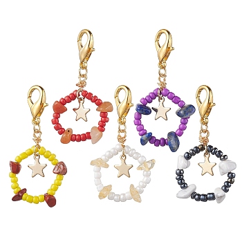 Glass Pendant Decorations, with Zinc Alloy Lobster Claw Clasps and Gemstone, Star, Mixed Color, 46mm
