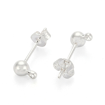 Silver Color Plated Brass Post Earring Findings, with Loop, 15x6mm, Hole: 1mm, Ball: 4mm, Pin: 0.8mm