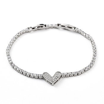 Platinum Brass Link Bracelet, with Cubic Zirconia Tennis Chains, Long-Lasting Plated, Heart, 7-7/8 inch(19.9cm)