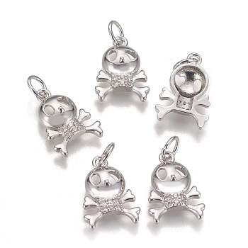Brass Micro Pave Cubic Zirconia Charms, Long-Lasting Plated, Halloween Theme, Skull, Clear, Platinum, 14.5x10.5x3.5mm, Hole: 3.5mm