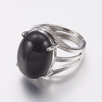 Natural Black Agate Wide Band Finger Rings, with Brass Ring Findings, Oval, 18mm