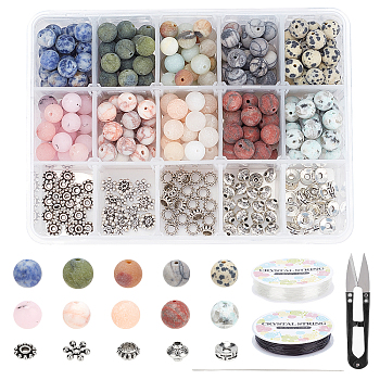 DIY Stretch Bracelets Making Kits, Including Frosted Natural Gemstone Round Beads, Alloy Spacer Beads, Iron Beading Needles, Elastic Crystal Thread and Steel Scissors, Gemstone Beads: 8~8.5mm, Hole: 1mm, 250pcs/set