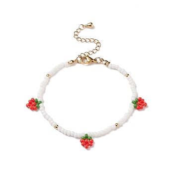 Glass Seed Braided Strawberry Charms Bracelet for Women, Red, 7-5/8 inch(19.5cm), Pendants: 10x8.5x3mm