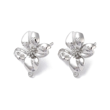 Brass Micro Pave Cubic Zirconia Stud Earring Findings, Flower, Real Platinum Plated, 20x19mm, Hole: 1mm, Pin: 0.8mm