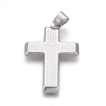 304 Stainless Steel Big Pendants, Cross with Scriptures, Stainless Steel Color, 50.5x34.5x3.5mm, Hole: 11.5x6.5mm