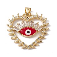 Brass Micro Pave Clear Cubic Zirconia Enamel Pendants, Cadmium Free & Nickel Free & Lead Free, Rack Plating, Heart with Eye Pattern, Real 18K Gold Plated, 27.3x25.2x3.5mm, Hole: 3.5x5mm(KK-G439-60G)