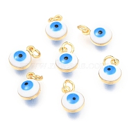 Brass Enamel Beads, Real 18K Gold Plated,Long-Lasting Plated, with Jump Ring, Flat Round with Evil Eye, White, 9.5x6.5x4.5mm, Hole: 2.5mm(X-KK-B024-02G-I)