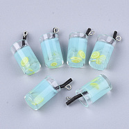 Plastic Pendants, with Resin Inside and Iron Findings, Imitation Juice Glass, Platinum, Cyan, 26~30x13~15x11mm, Hole: 1.8mm(X-CRES-S359-13A)