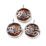 Natural Carnelian Locket Pendants, Flat Round Charms, with Platinum Plated Brass Lotus Findings, 31.5x27x9mm, Hole: 4.6mm(G-G982-01P-18)