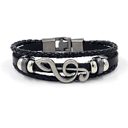 Cowhide Leather Braided Cords Triple Layer Multi-strand Bracelet, Musical Note Link Bracelet for Men, Black, 8-1/4 inch(21cm)(PW-WG68483-01)