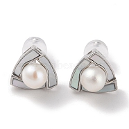 Sterling Silver Stud Earrings, with Natural Pearl, Jewely for Women, Triangle, 10x10.5mm(EJEW-C087-07B-P)