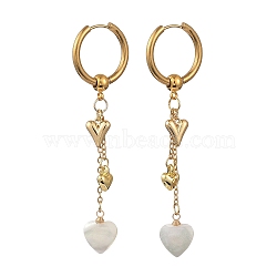Valentine's Day Heart 202 Stainless Steel & Natural Trochus Shell Hoop Earrings, with 304 Stainless Steel and Brass Findings, Golden, 75x11mm(EJEW-JE07078)
